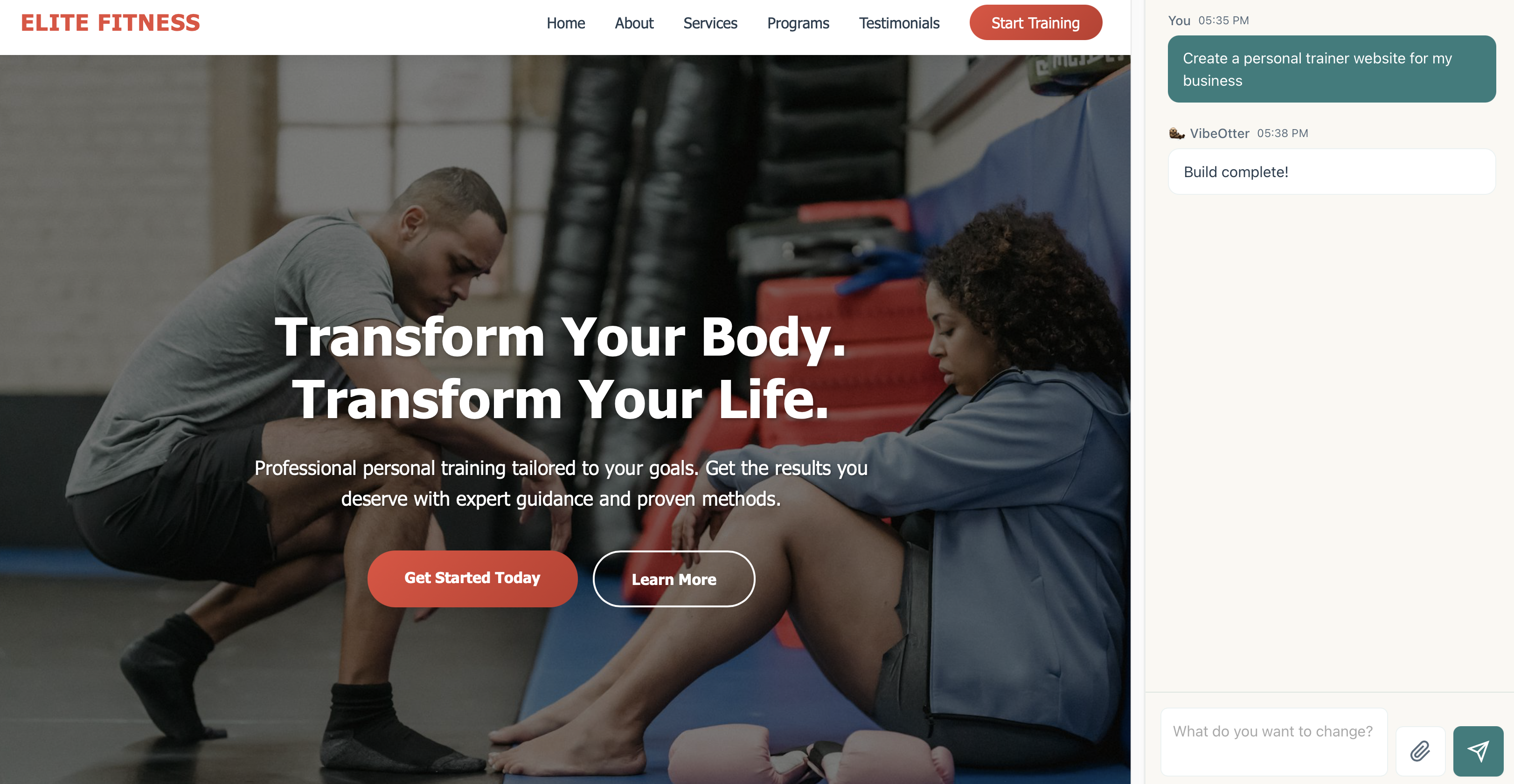 Vibe Otter AI generated personal trainer website hero section