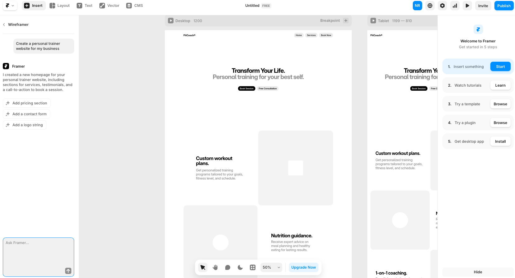 Framer AI drag and drop builder instead of AI generation