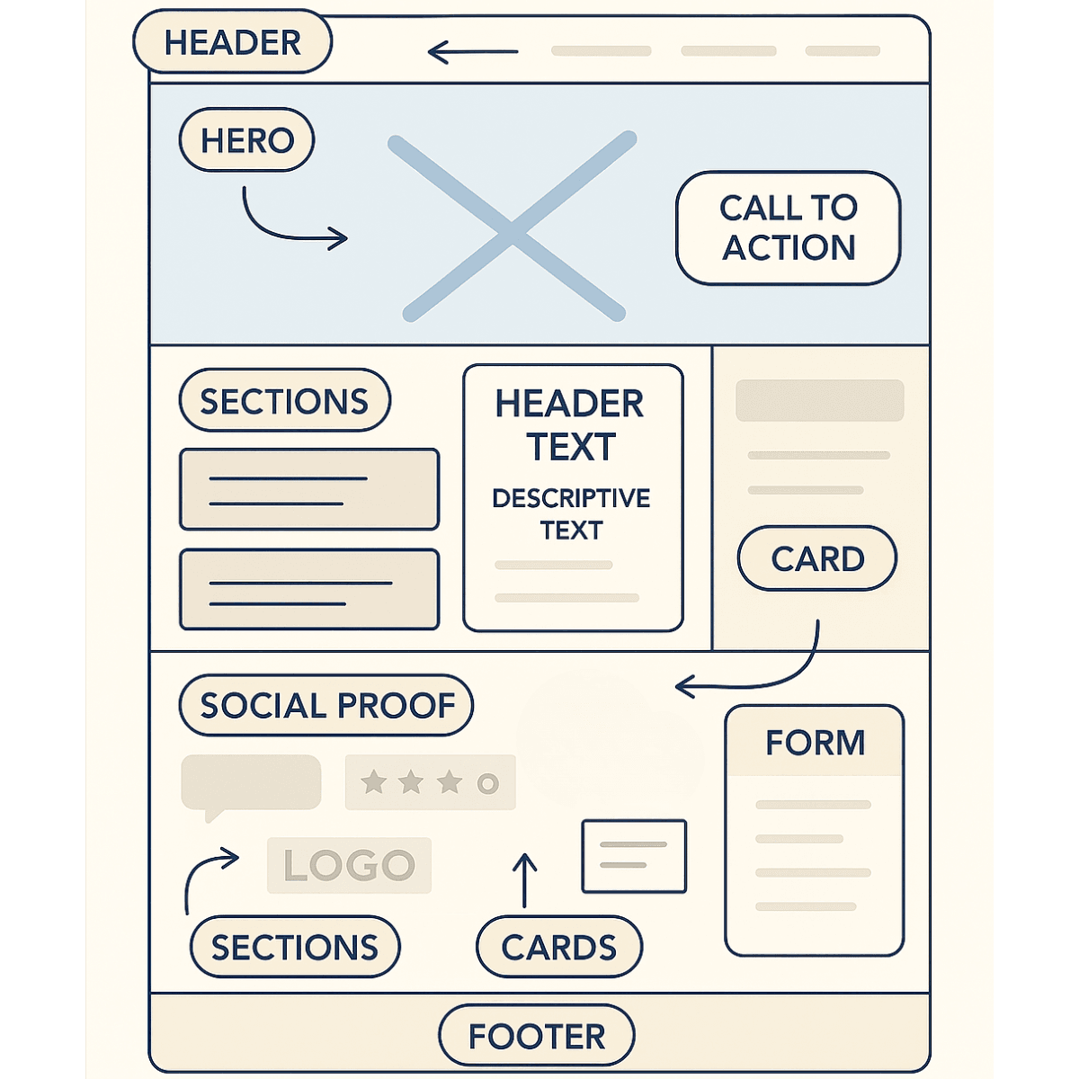 Diagram showing the anatomy of a website with labeled parts including header, hero, sections, cards, and footer